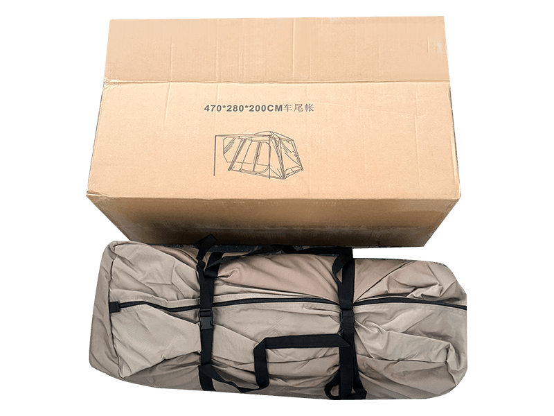 Dubbellaagse kampeertent voor buiten die kan worden aangesloten op de achterkant van een voertuig